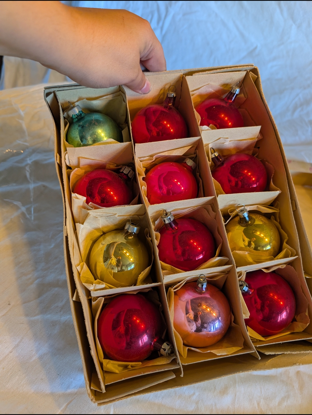 2/50$ Vintage Shiny Glass Holiday Ornament Set - Red, Gold, Green, Pink